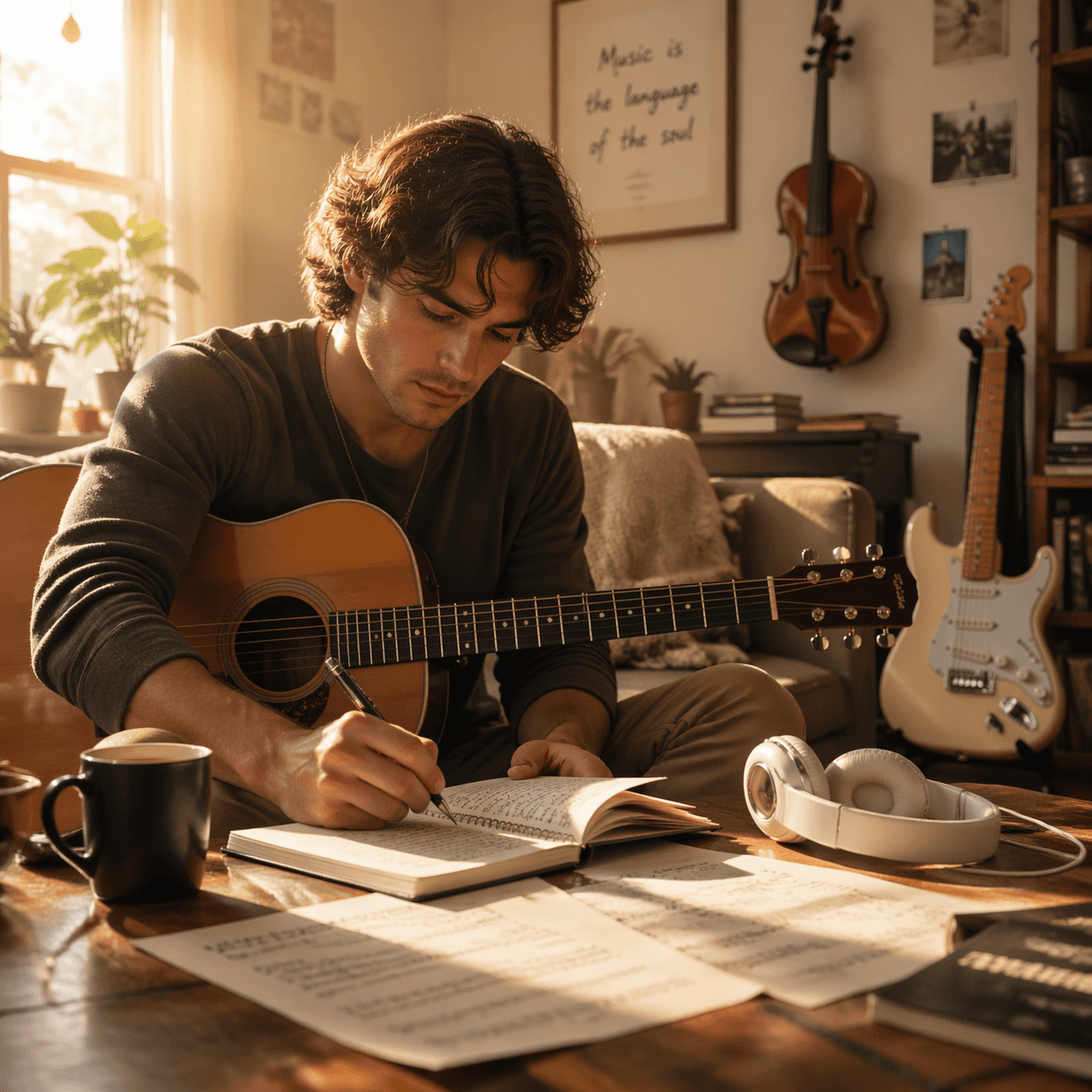 Musician writing lyrics with guitar in creative studio workspace