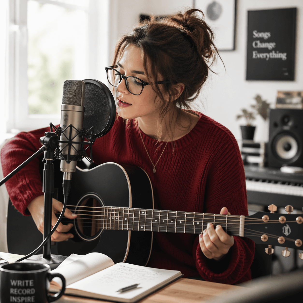 Female musician playing acoustic guitar in home recording studio